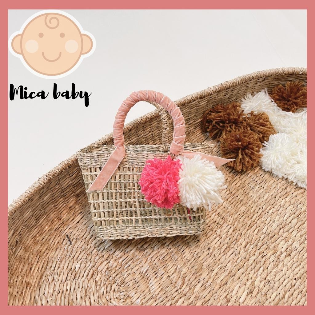 Túi cói, làn cói đính bông xinh xắn cho bé Mica baby TC05