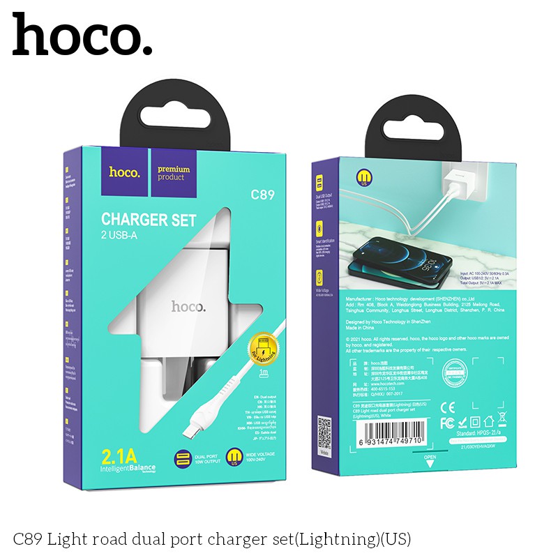 Bộ sạc Hoco C89 dòng 2.1A / 2 cổng ra đầu Lightning, Micro, Type-C dây cáp dài 1m - Chính hãng