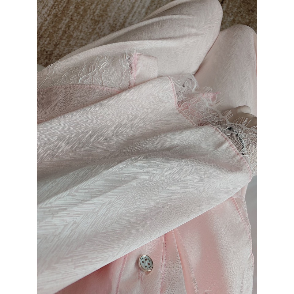 Đồ Ngủ, Pijama Tiểu Thư Tay Dài Phối Ren Lụa Xước Xinh Xắn - Đồ Bộ Nữ Freesize