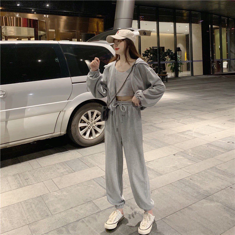 Set Đồ Thể Thao Gồm Áo Khoác Tay Dài Dáng Rộng + Áo Ba Lỗ + Quần Dài Phong Cách Hàn Quốc Dễ Thương Thời Trang Cho Nữ | BigBuy360 - bigbuy360.vn