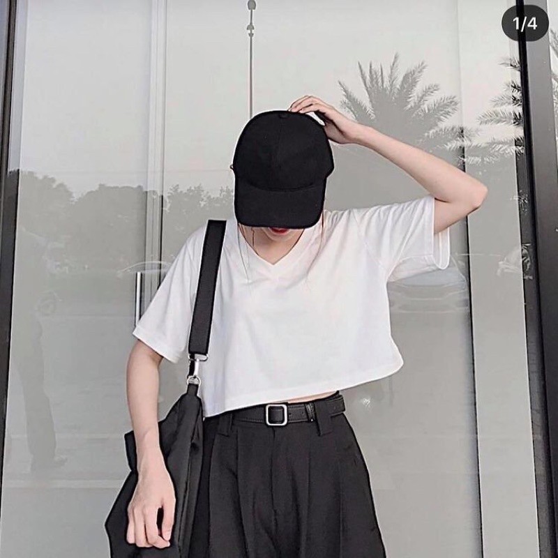 Áo Croptop Cổ Tim🌸Phông Nữ Trơn Tay Ngắn Cổ V Basic Trắng|Đen