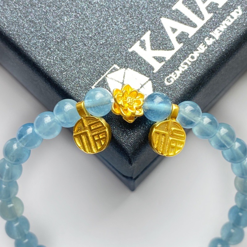 Vòng tay Aquamarine dành cho người mệnh thủy  mênh mộc  mix charm  24k - Hoa sen - Chữ Phúc - KAIA