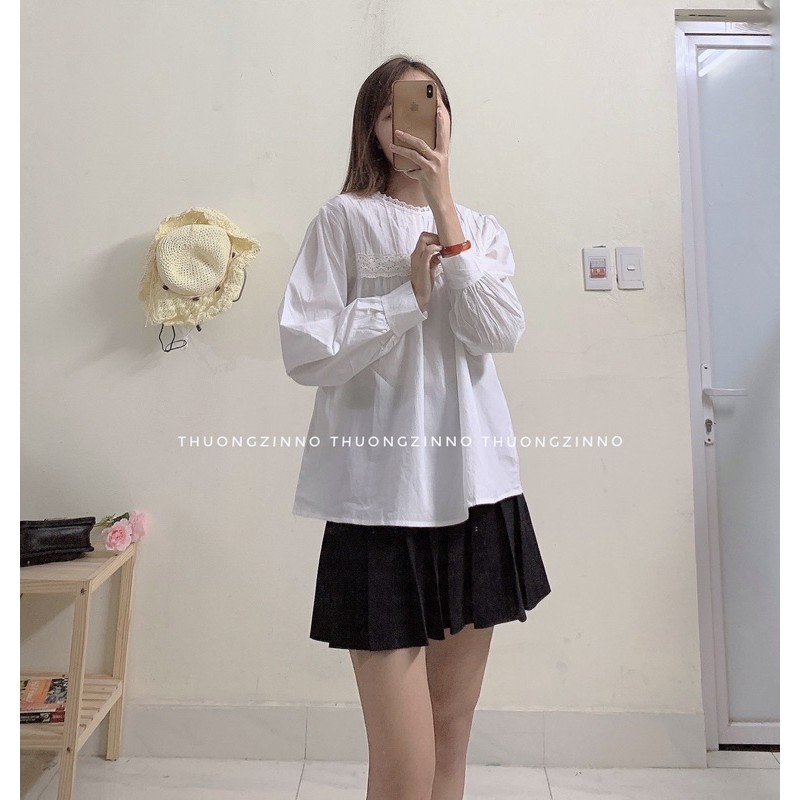 [Ảnh thật/Video]Áo sơ mi Ulzzang ren bi xếp li ngực tay bồng tiểu thư hàng Quảng Châu