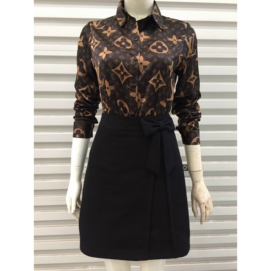 Áo sơ mi lụa nữ cao cấp công sở đẹp MQ BOUTIQUE áo sơ mi họa tiết chữ L.V nâu thiết kế