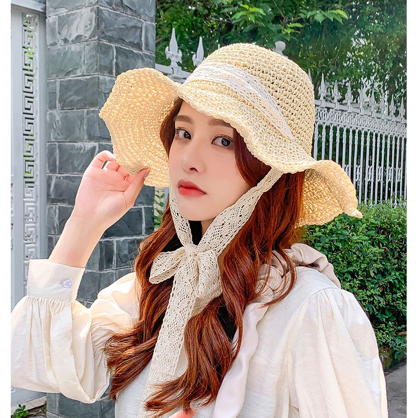 Mũ nón cói QO ACCESSORIES quai ren điệu đà mẹ và bé đi biển mùa hè MU40