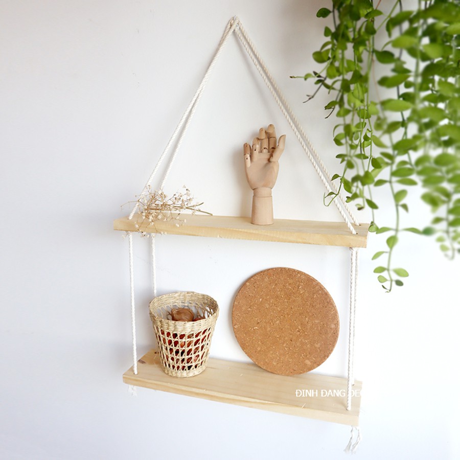 Kệ gỗ treo tường (lắp sẵn) 2 tầng dây thừng Decor, gỗ thông nhập khẩu loại 1, tặng đinh treo KG2T