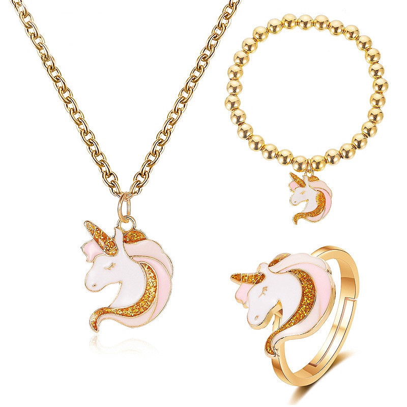 New Cartoon Unicorn Multicolor Necklace Bracelet Ring Women 's Jewelry