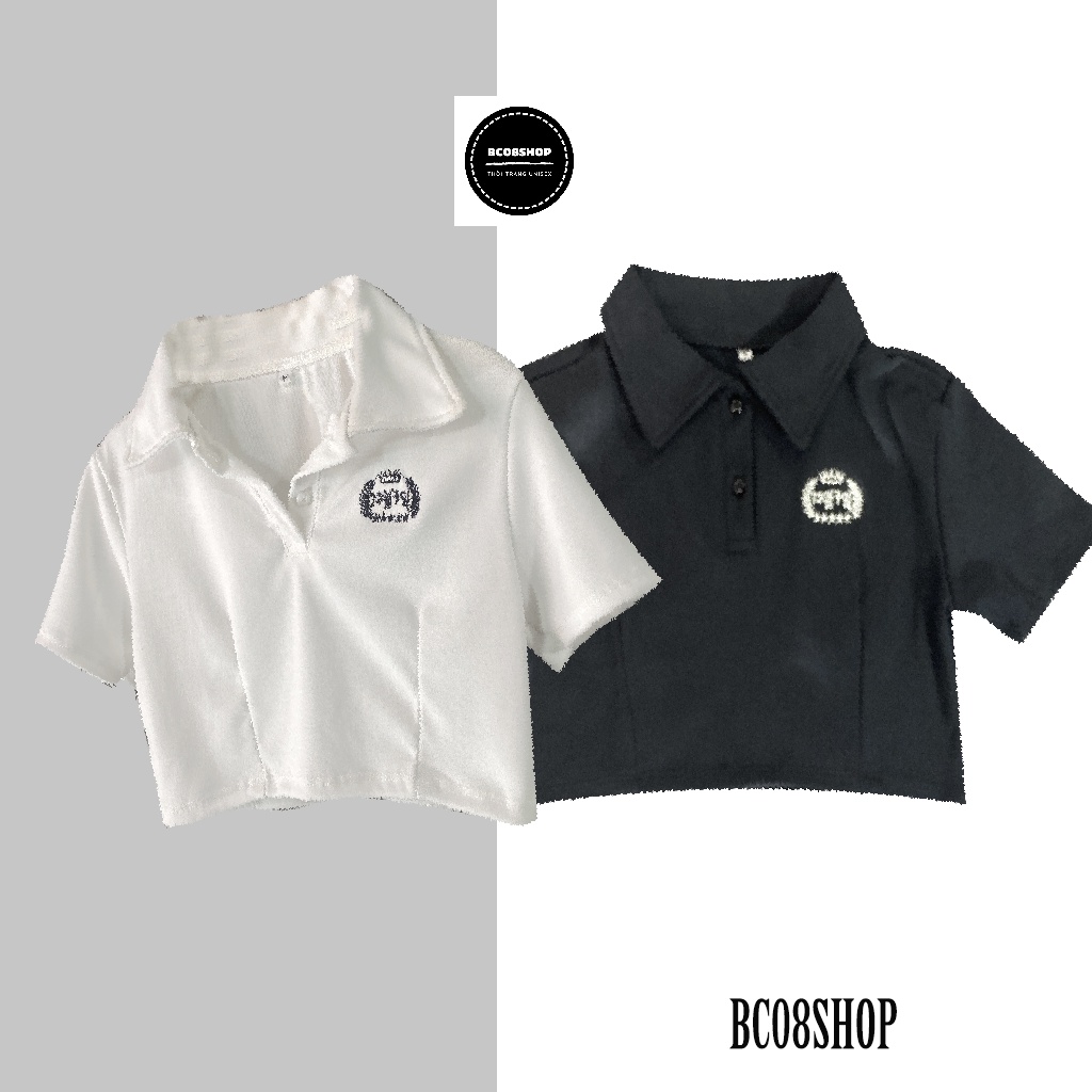 Áo Croptop Cổ Bẻ Thêu Chữ Hàn Quốc Phong Dễ Thương 2 màu Đen Trắng