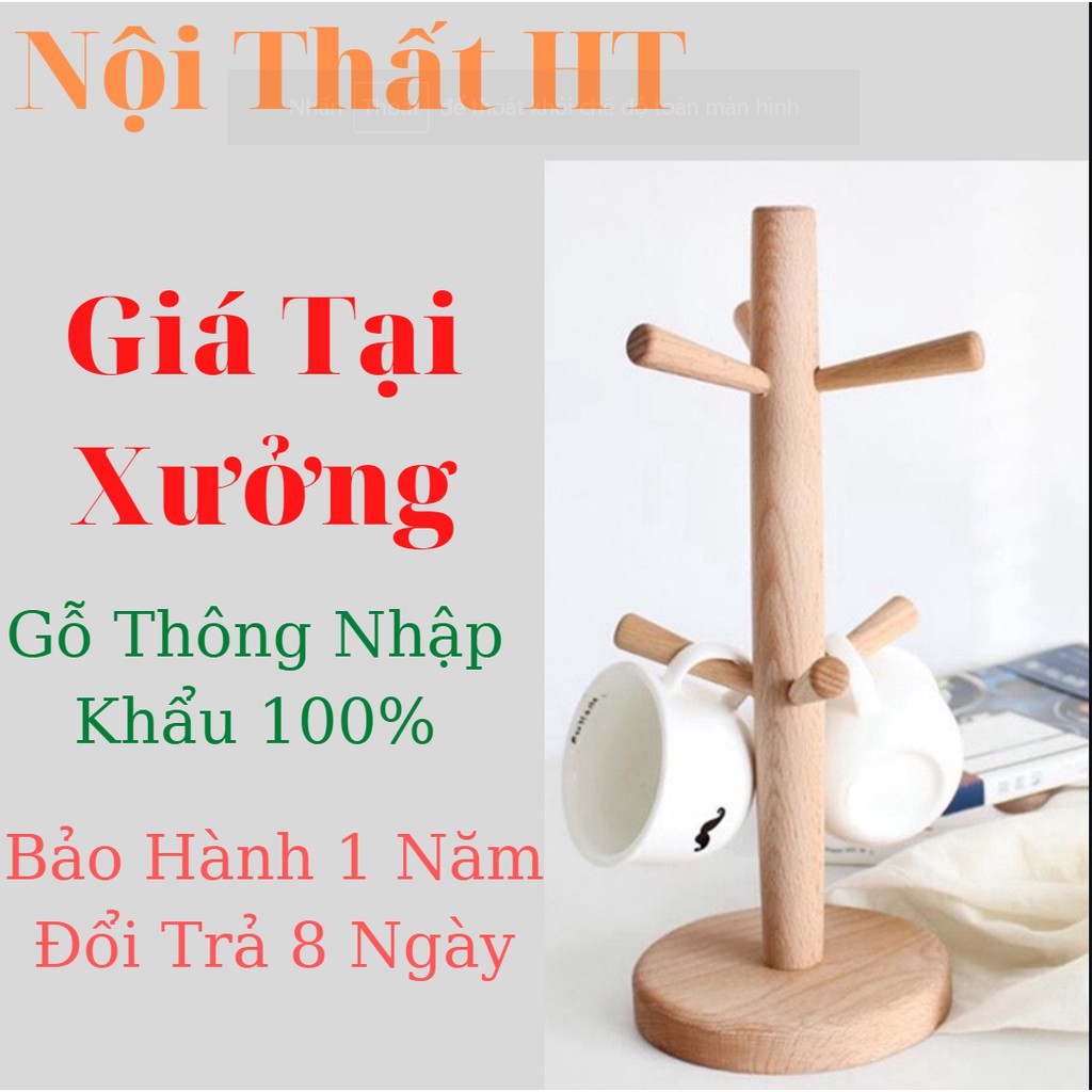 Kệ giá treo ly cốc 6 móc bằng gỗ thông nhập khẩu trang trí