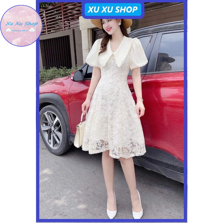 Váy ren thiết kế tay bồng tiểu thư - Đầm dự tiệc nữ màu kem sang chảnh, thời trang công sở, đi chơi HÀNG LOẠI 1
