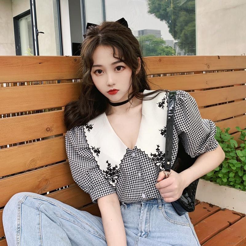 Lapel floral bubble sleeve design niche embroidered shirt red | BigBuy360 - bigbuy360.vn