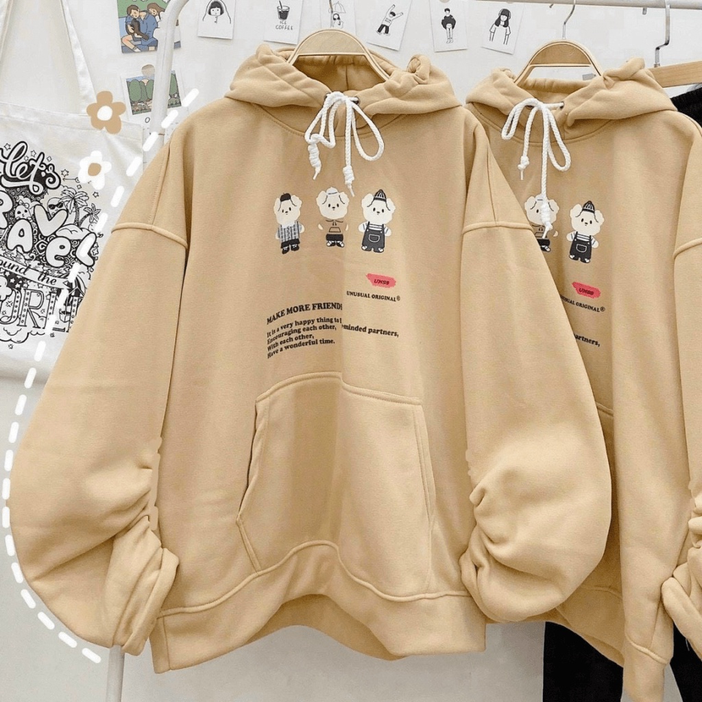 Áo Khoác Hoodie Sweater Tay Bồng Nỉ Ngoại Cực Hot Tp Có Túi Trước 3 Con Gấu Siêu Xinh HHP