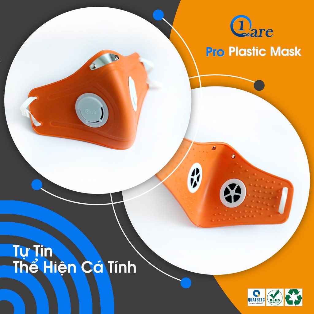 Khẩu trang nhựa đa năng 1Care Pro lọc bụi mịn PM5.0, kháng nước chống nắng 100%. Khẩu trang nhựa màu cam nổi bật