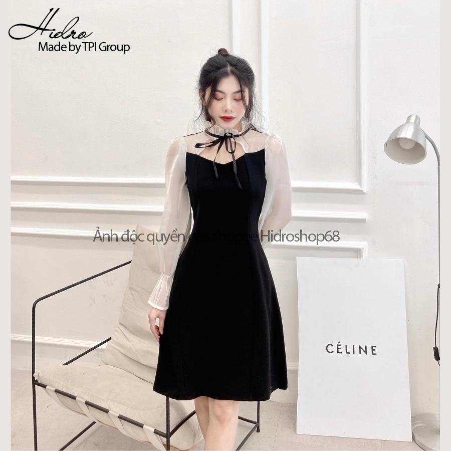 Đầm Váy Nữ Tay Bồng Phối Tơ Oganza Khoét Cổ Dáng Chữ A Có Đủ Size Phong Cách Hàn Quốc