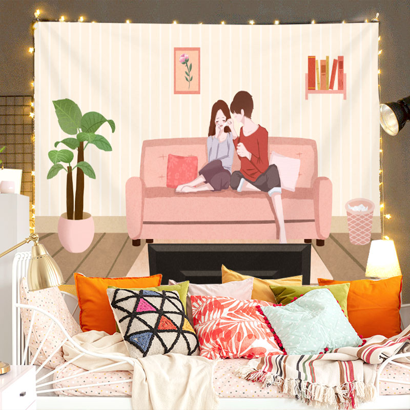 Tấm thảm treo in họa tiết vẽ tay ngọt ngào trang trí nhà đơn giản vải treo trang trí phòng ngủ phong cách instagram tấm thảm in họa tiết J20