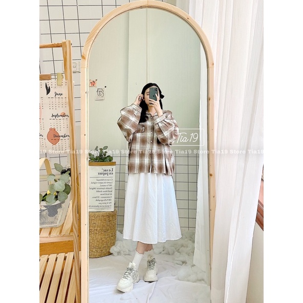 Áo somi kẻ oversize Tia19 . Áo sơmi ulzzang tay bồng ( Ảnh thật)