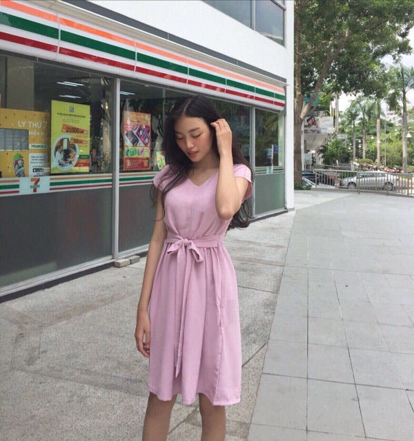 Đầm cột eo vàng/ hồng Bemo dáng xòe xb