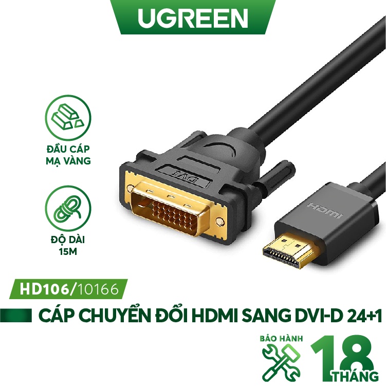 Cáp chuyển đổi HDMI sang DVI-D 24+1 dạng dây tròn UGREEN HD106 - Hàng phân phối chính hãng - Bảo hành 18 tháng