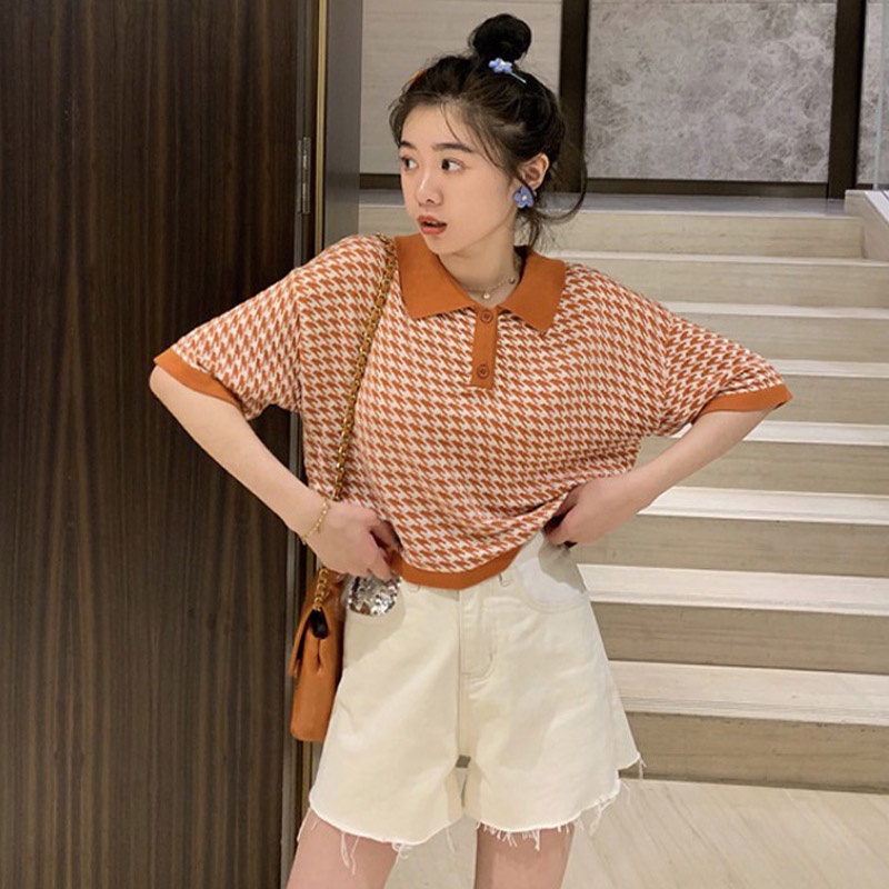 Áo dệt kim tay ngắn bâu sơ mi Áo croptop thun tay ngắn dáng rộng họa tiết kẻ ô nhiều màu thời trang Hàn Quốc cho nữ