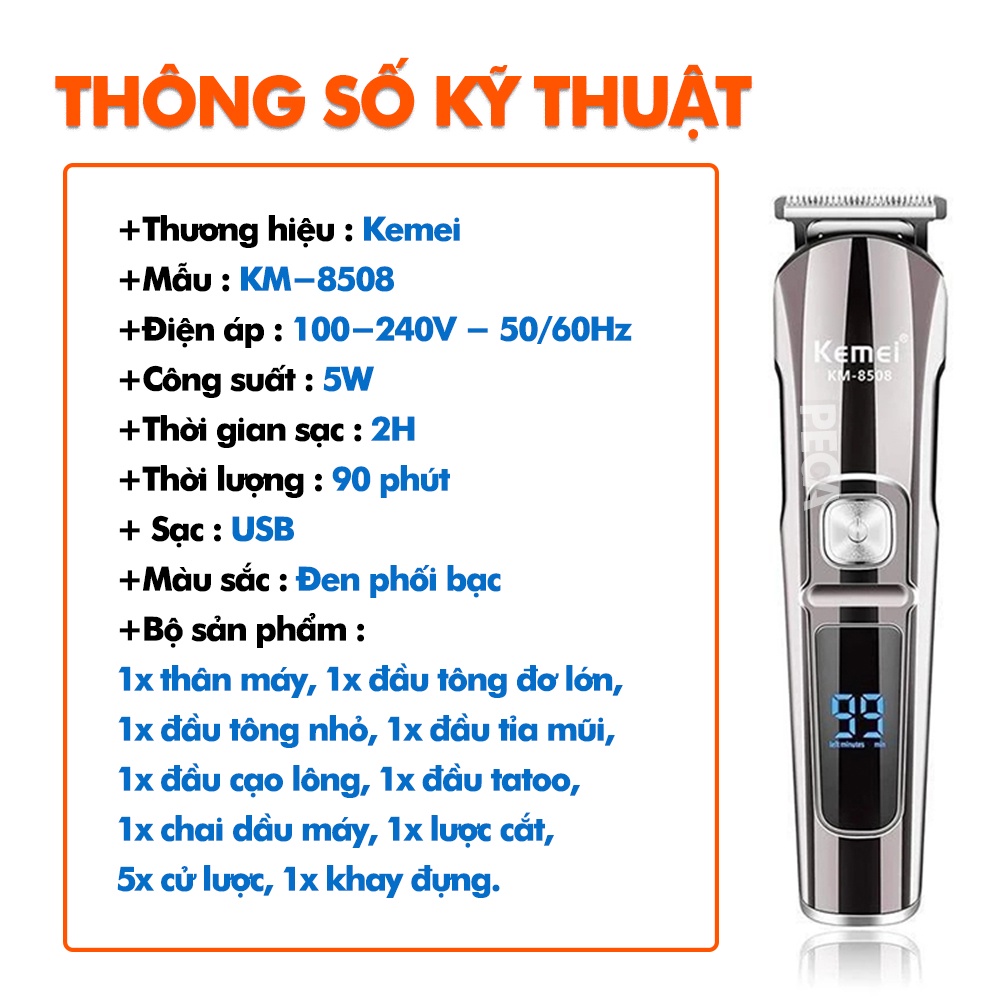 Tông đơ cắt tóc đa năng 11in1 Kemei KM-8508 không dây 2 tốc độ cắt có thể cắt tóc, cạo râu, tỉa lông mũi,..