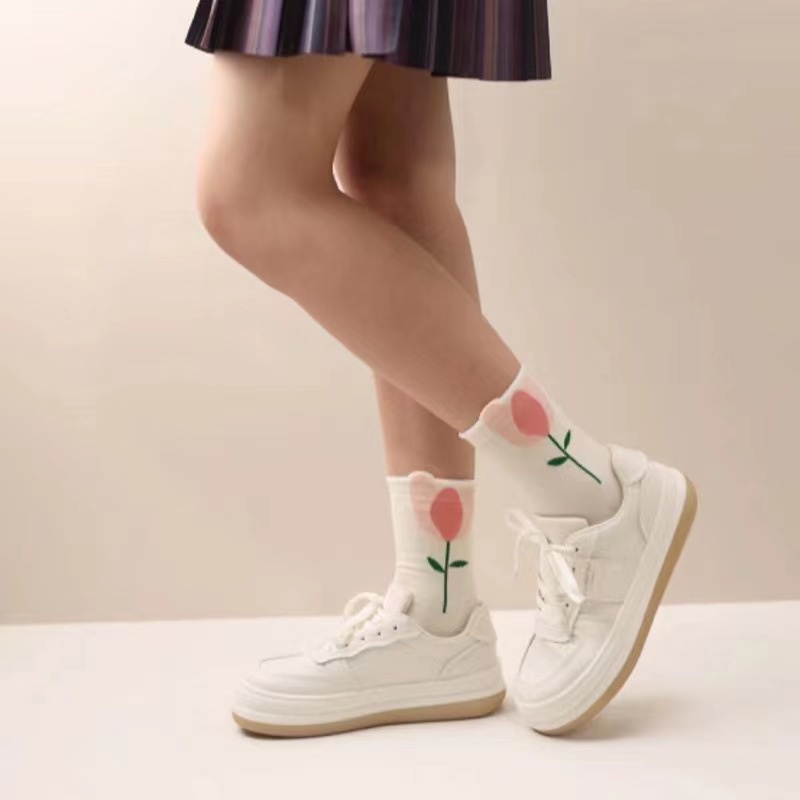 Vớ Cổ Vừa Họa Tiết Hoa Tulip Dễ Phối Đồ Thời Trang Xuân Hè Cho Nữ