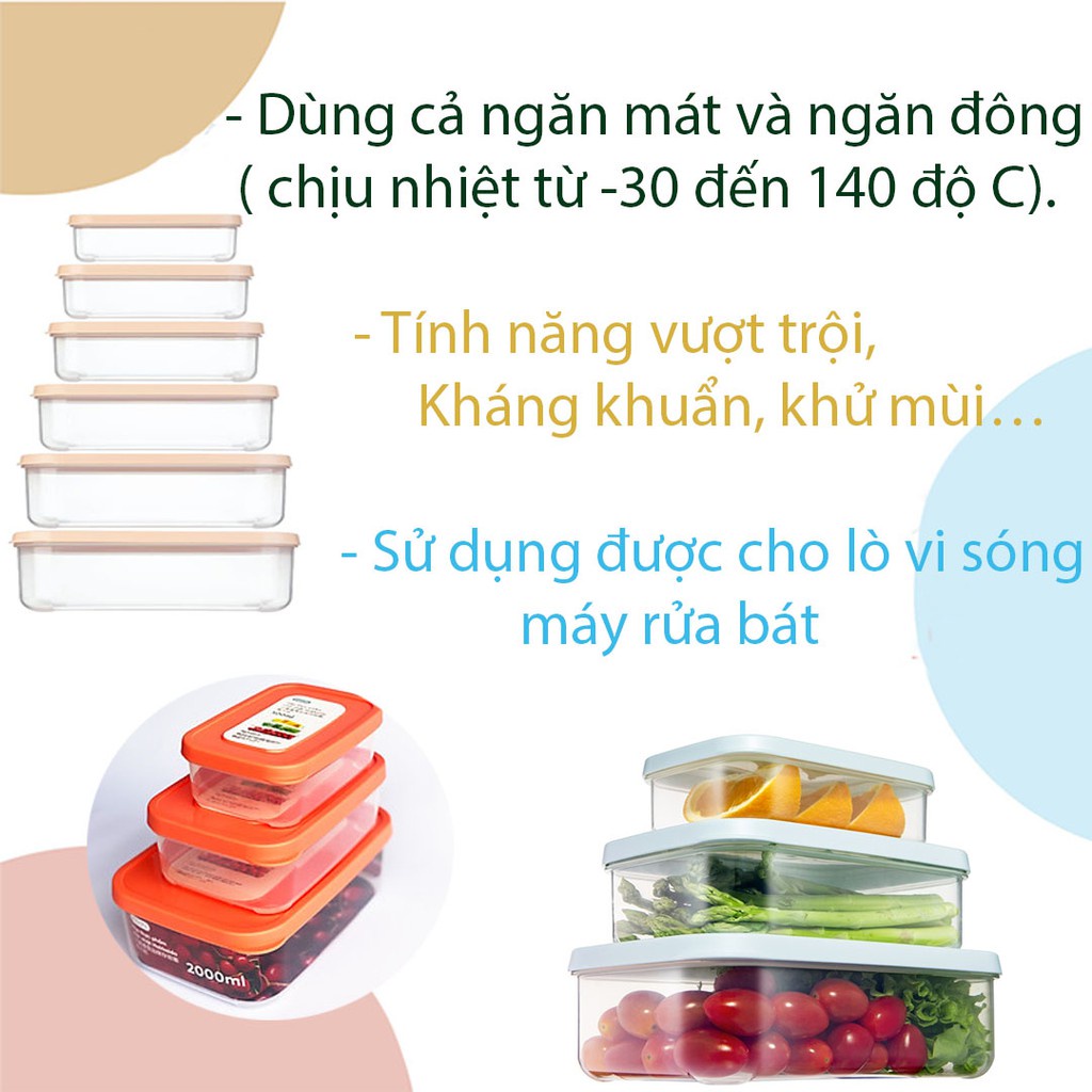 Bộ 6 hộp nhựa đựng thực phẩm chữ nhật Inochi (500-750-1000-1500-2000-2500ml)