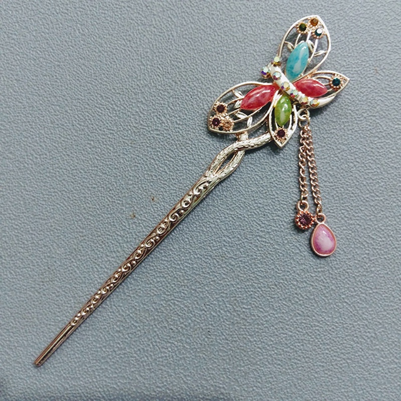 Trâm cài tóc đính đá họa tiết bươm bướm tua rua vintage