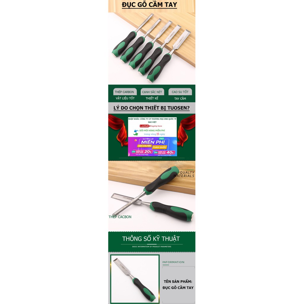 Bộ 5 chiếc Đục gỗ bằng tay, Dụng cụ đục gỗ cho thợ mộc bằng thép carbon - Chính hãng Tuosen