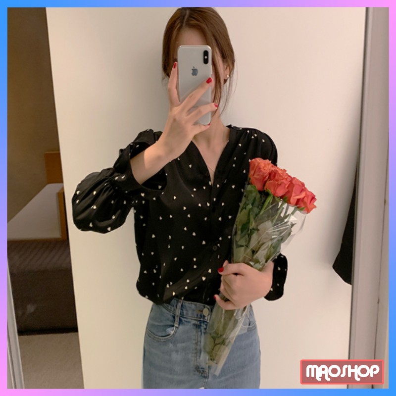 Áo sơ mi nữ kiểu form rộng hoa tiết chấm tim nữ tính phong cách ulzzang Hàn Quốc - Maoshop