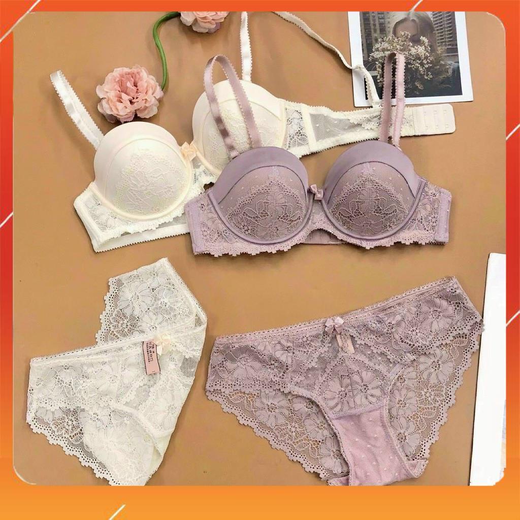 Set bộ đồ lót nữ Vick cao cấp áo có gọng cup ngang, chất liệu ren họa tiết hoa thêu, có đệm mút. Mã B21050