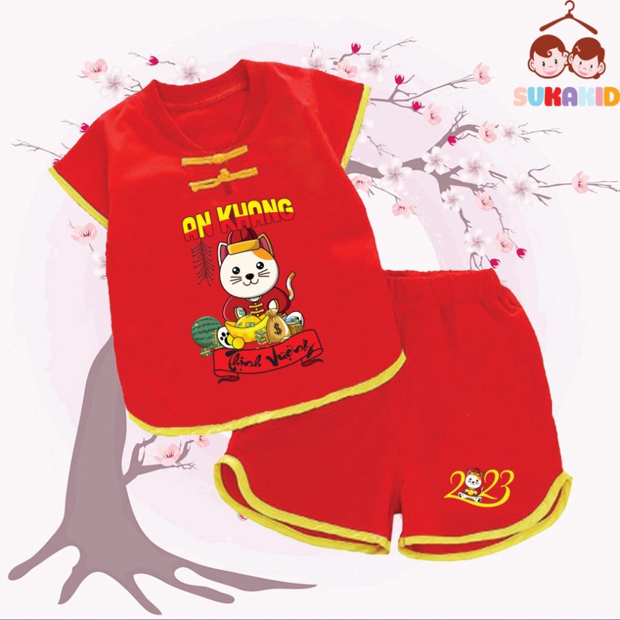 Gía sỉ Combo 2 Bộ quần áo tết hình mèo an khang thịnh vượn bé nút tàu tết bé từ 6kg-29kg.NT08.