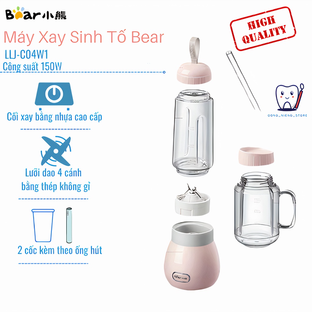 Máy xay sinh tố mini Bear LLJ- C04W1 cầm tay,2 cốc tritan 400ml 350ml kèm ống hút, màu hồng nhạt