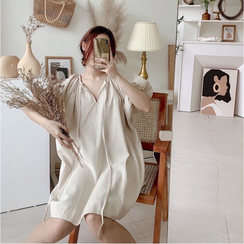 KÈM ẢNH THẬT❤Đầm suông vàng xám tay phồng cột nơ xd