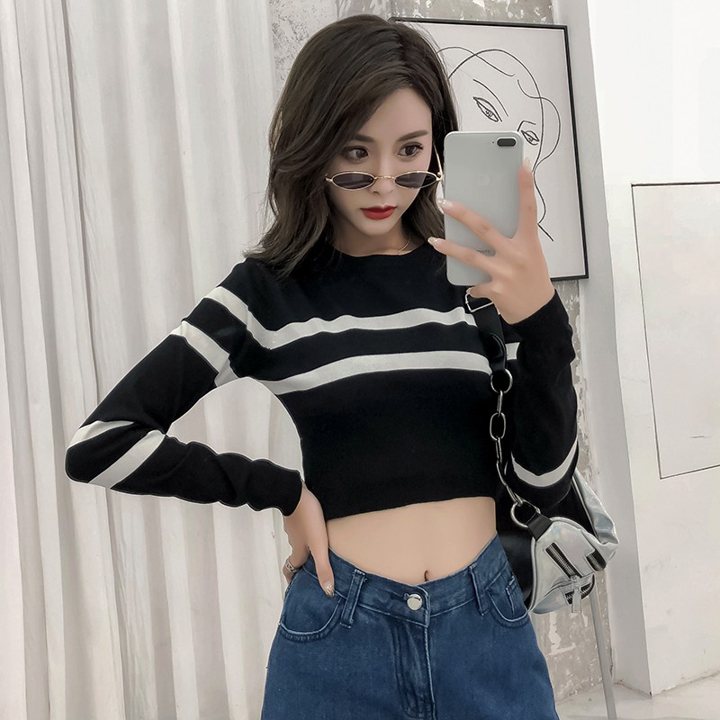Áo Len Croptop Áo Len Mỏng Sọc Tay Dài Cổ Chữ O Phong Cách Hàn Quốc Cho Nữ