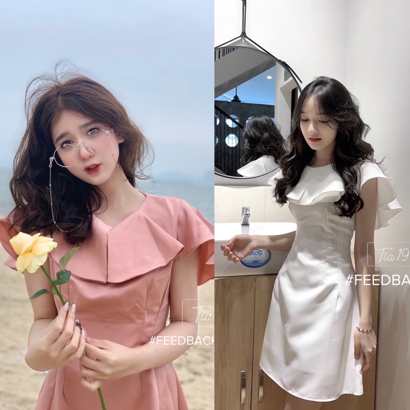 Váy cổ bèo dự tiệc cộc tay Tia19. Đầm dáng xoè dự tiệc trắng