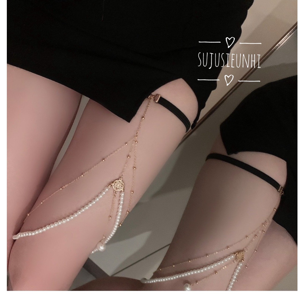 vòng choker chuỗi ngọc tua dài 2 lớp đeo đùi (co giãn thoải mái)