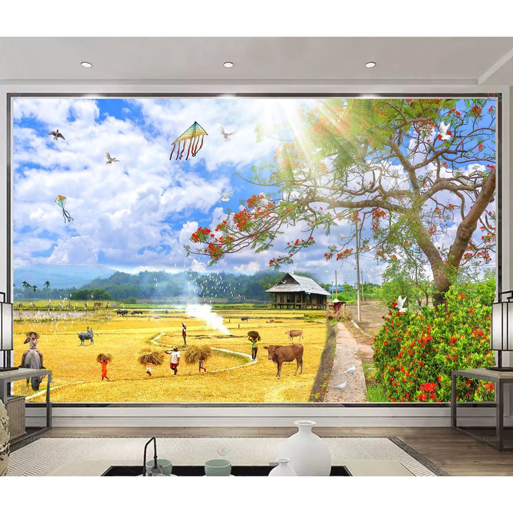 Tranh dán tường 3D Làng quê mùa gặt - VẢI LỤA  phủ kim sa