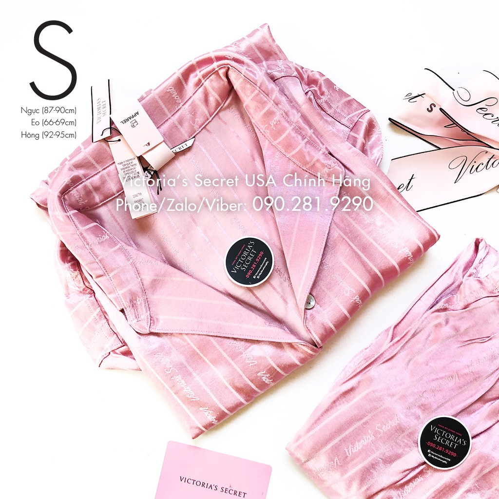 (Size S - Bill Mỹ) - Bộ đồ ngủ dài (53) sọc hồng đậm, chất vải satin, Dusk Pink -  Mỹ