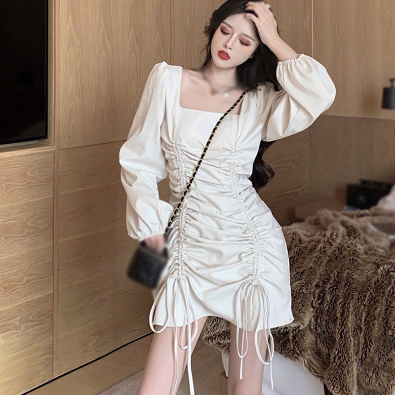 Đầm dài tay cổ vuông phối dây rút thiết kế chiết eo nữ tính