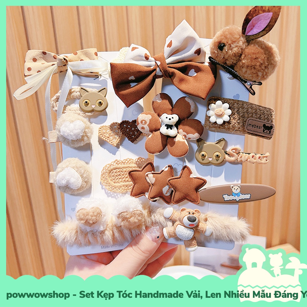[Sẵn VN - Hỏa Tốc] Set Kẹp Tóc Handmade Vải, Len Nhiều Mẫu Đáng Yêu Hoạt Hình Warn White &amp; Brown