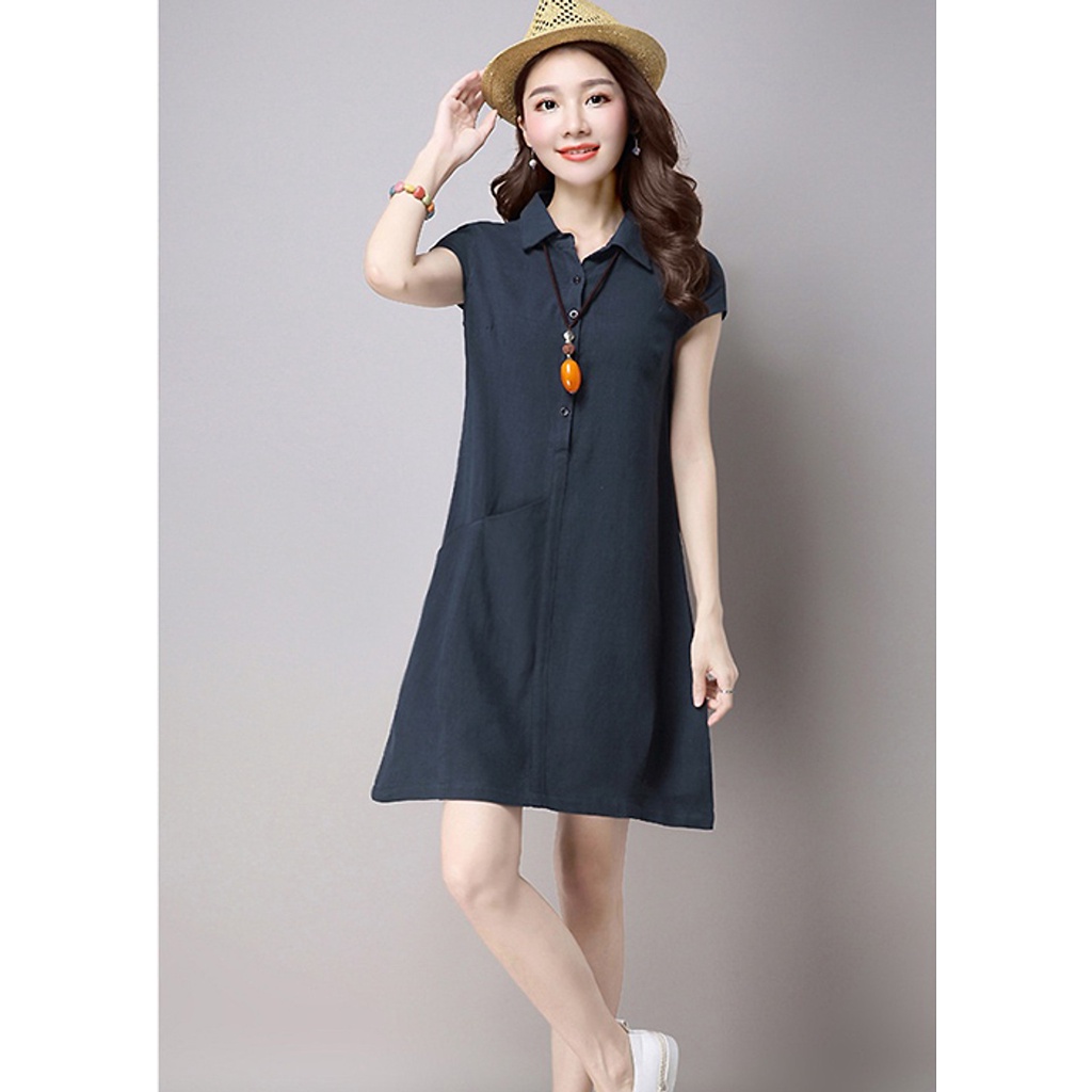 (TỔNG KHO LÂM ANH CHUYÊN SỈ) Đầm suông đũi cổ sơ mi túi bổ trước