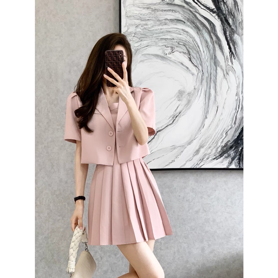 Set đầm nữ xếp ly kèm áo khoác vest HB thiết kế thời trang công sở cá tính 3 size S M L S111