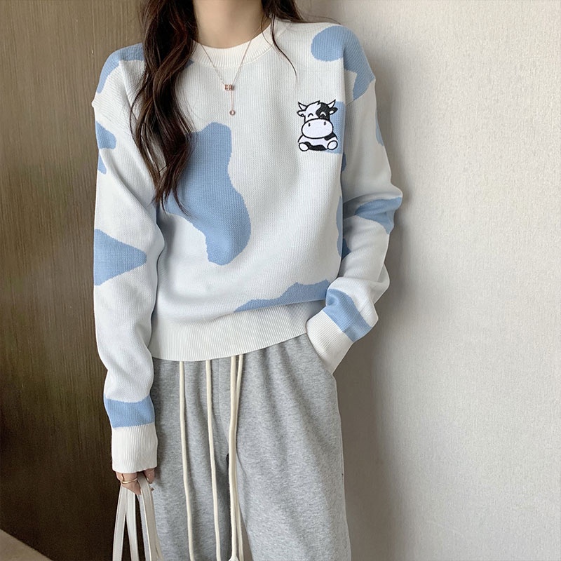 Áo len ZHELIHANGFEI tay dài dáng rộng họa tiết thêu dễ thương theo phong cách Preppy cho nữ