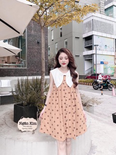 váy chấm bi cổ nơ trắng