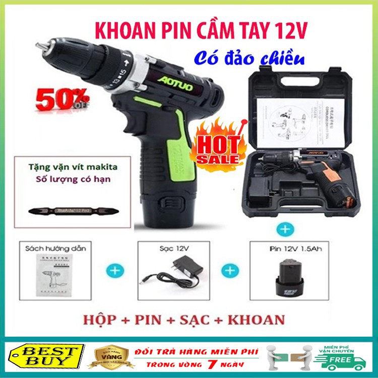 Máy khoan pin cầm tay 12V, máy khoan bắt vít không dây có đảo chiều - Hàng chất