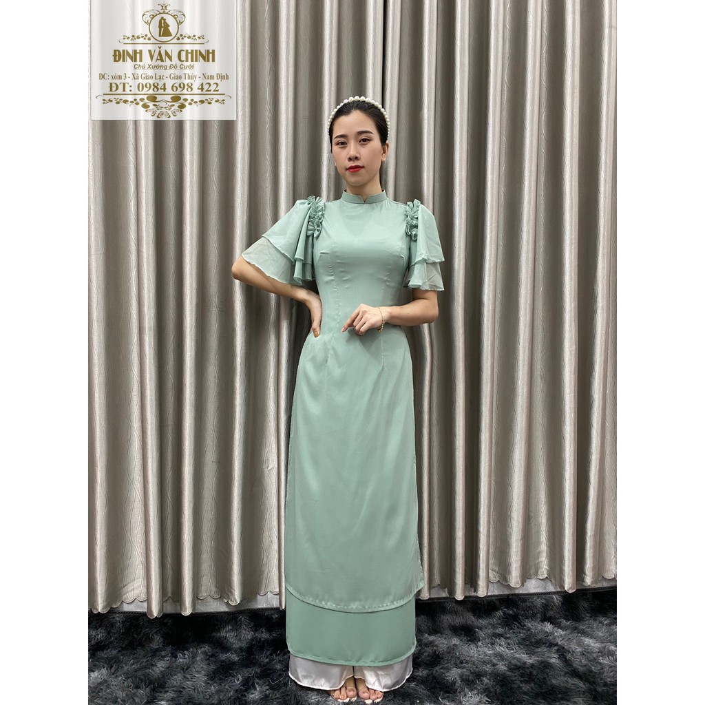 Áo dài tay bồng cánh tiên truyền thống_duy chinh-ADTG00022_tông màu xanh