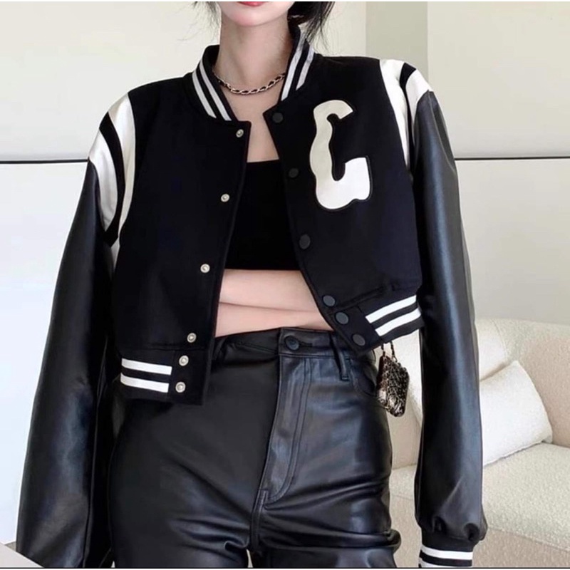 Áo KHOÁC BOMBER CHỮ G  🌸 Áo Khoác Croptop Tay Da Cá Tính Ullzang 🌸