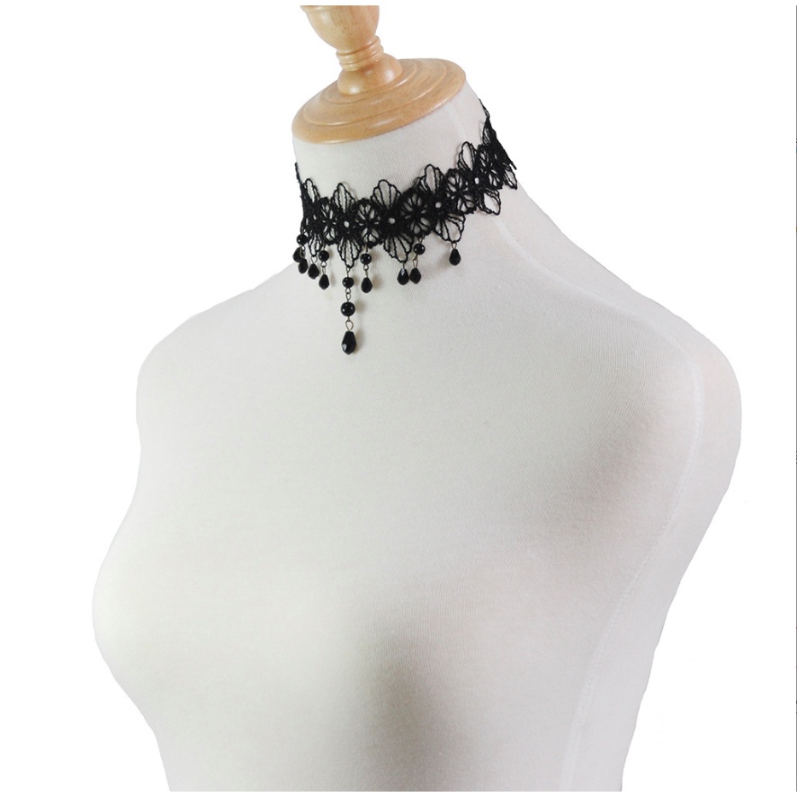 Vòng cổ dây chuyền choker nữ vải ren hoa 4 cánh đính chuỗi ngọc trai nhân tạo phong cách hàn quốc cá tính