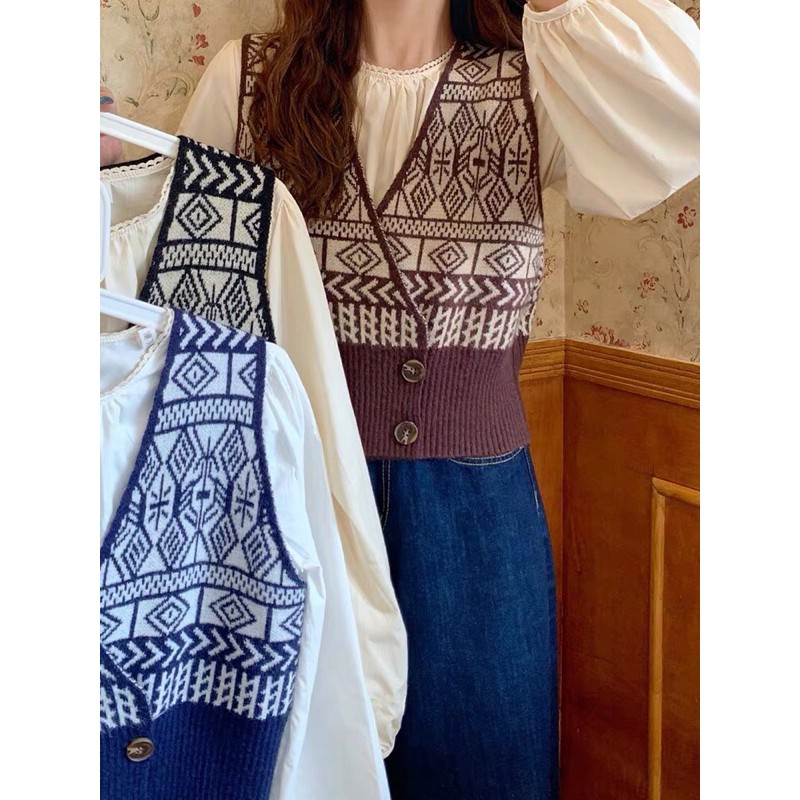 Áo gile phối cúc thổ cẩm cổ V tiểu thư forgirl phong cách Hàn Quốc | BigBuy360 - bigbuy360.vn