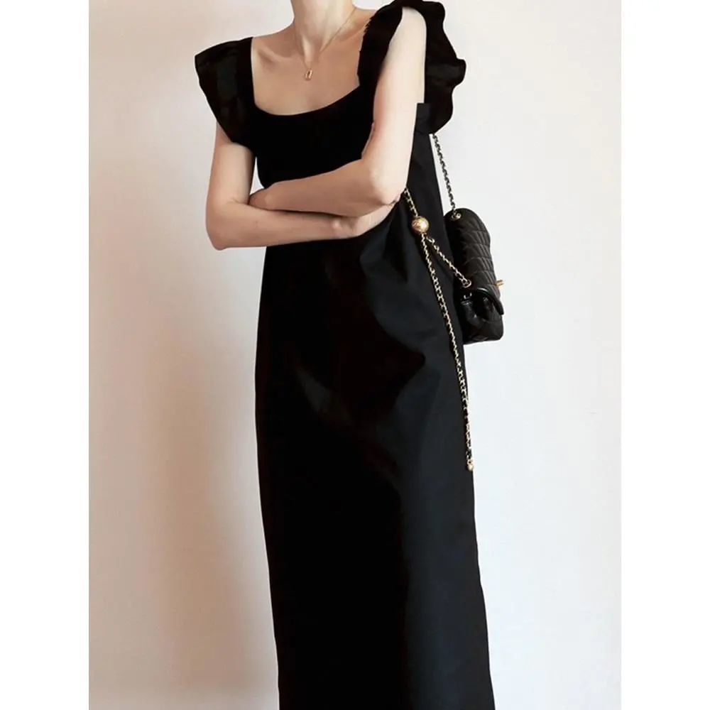 Đầm Không Tay Cổ Vuông Màu Đen Dáng Rộng Phong Cách Thời Trang Mùa Hè Pháp 2022